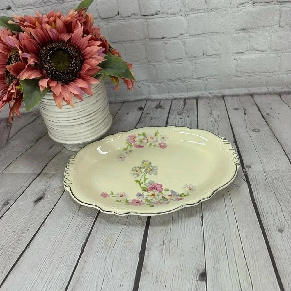 vintage Relish/Gravy Underplate Fluffy Rose 1 (Platinum Trim) by HOMER laughflin